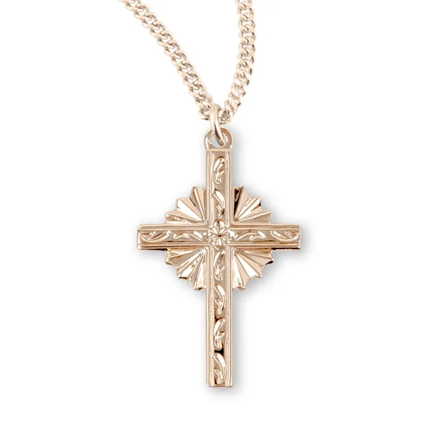 Gold Over Sterling Silver Ornate Vine Engraved Cross Pendant Necklace, 18 In