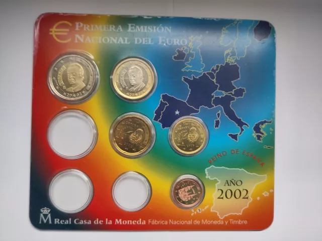 Spanien Euro KMS 2002 - 1, 10, 20 Cent + 1, 2 Euro, original Blister