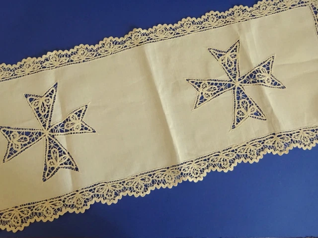 Vintage Beige/Ecru Hand Crochet Maltese Lace, Maltese Cross Table Runner  Mat #1