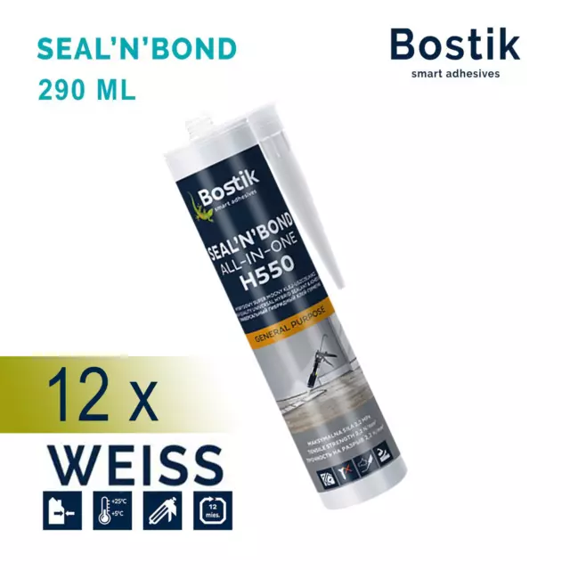 12 x BOSTIK Seal'N'Bond Montagekleber Klebstoff Dichtmasse Kartusche 290 ML weiß