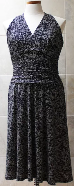 Jones New York Halter Dress sz 12 Black White Polka Dot Ruched Waist