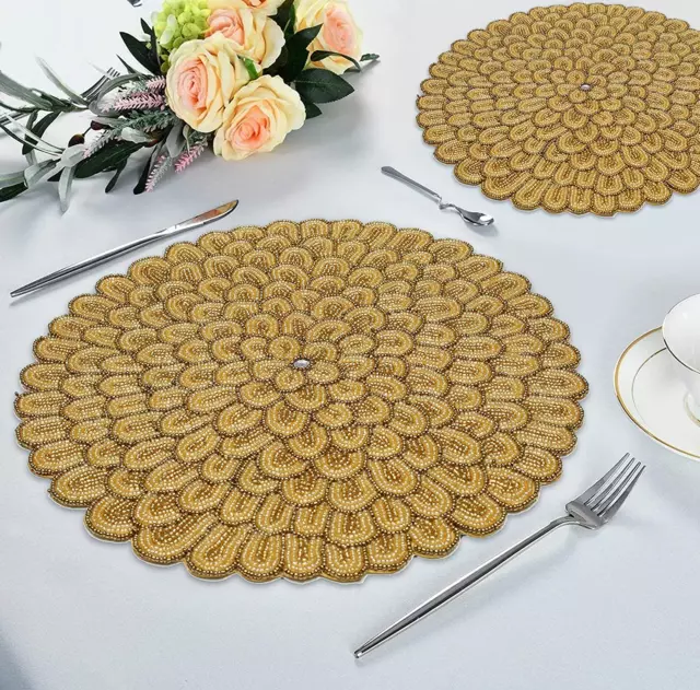 Farmhouse Beaded Placemats Set of 2 for Dining Table 13 Inch Gold Multi Colour B