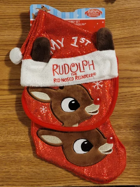 Red Rudolph Red Nosed Reindeer Baby's 1st Christmas Hat Stocking & Bib 3Pc Set