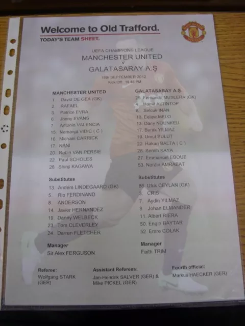 19/09/2012 Colour Teamsheet: Manchester United v Galatasaray [Champions league]