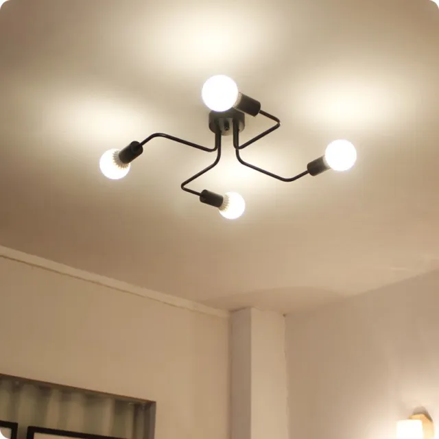 4 Lights Semi Flush Ceiling Light Wrought Iron Retro Style Living Room Lighting