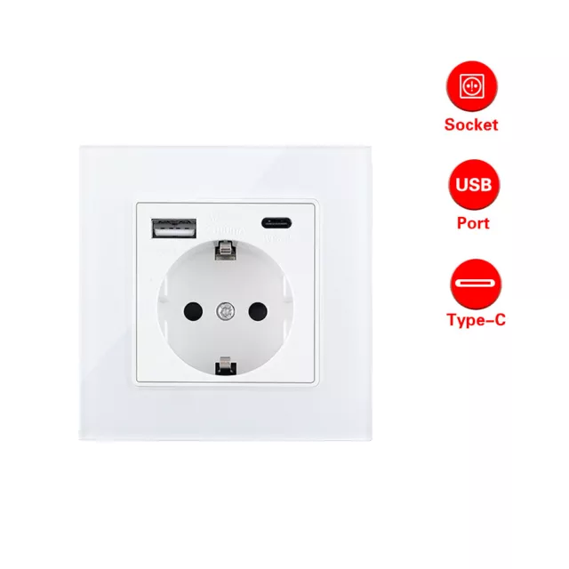 White EU Plug Wall Socket Glass Panel Power Outlet With USB Type-C Charger Port