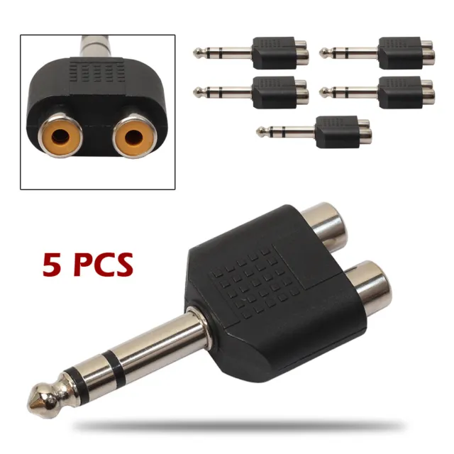 T0# 5Pcs 6.35mm 1/4" Stereo Plug to 2 RCA Female Jacks Splitter Audio Converter