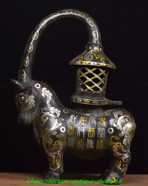 Chinese dynasty Bronze Ware Gild Silver Cattle Ox Palace lantern Oil Lamp statue