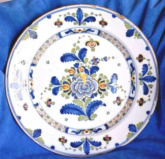 LG Early 18th Century Antique Dutch Delft Multi Color Flowers Charger Chop Plate