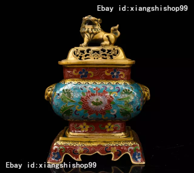 Marked Chinese Bronze Gilt Cloisonne Foo Dog Lion Statue Incense Burner Censer