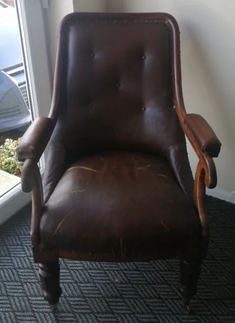 Victorian Antique Brown Leather Library Armchair