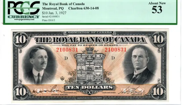 CANADA(Royal Bank of Canada) $10 Dollars 1927 PCGS aUNC-53 CH-630-14-08 Banknote