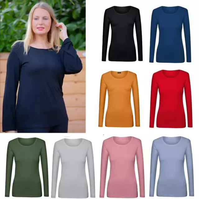 Ladies Plain T-Shirt Basic Scoop Neck Full Sleeves Stretchy Top Plus Size