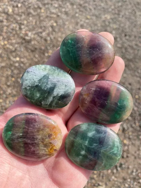 Natural Fluorite Crystal Rainbow Quartz Palm Stone Worry Reiki Healing Stone 1pc
