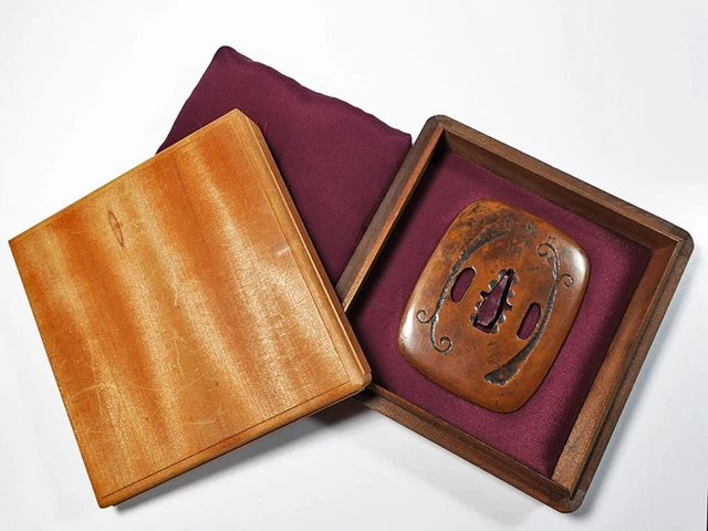 Tsuba Copper base Square-shaped Warabi design Unsigned kakurekirishitan W/Box