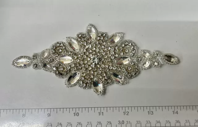 Beautiful Crystal Motif Hand Sew/ Iron on Bridal Dress Belt Applique 7”x3”