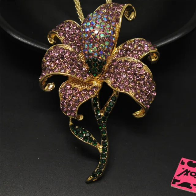 New Betsey Johnson Purple Bling Flower Rhinestone Crystal Pendant Chain Necklace
