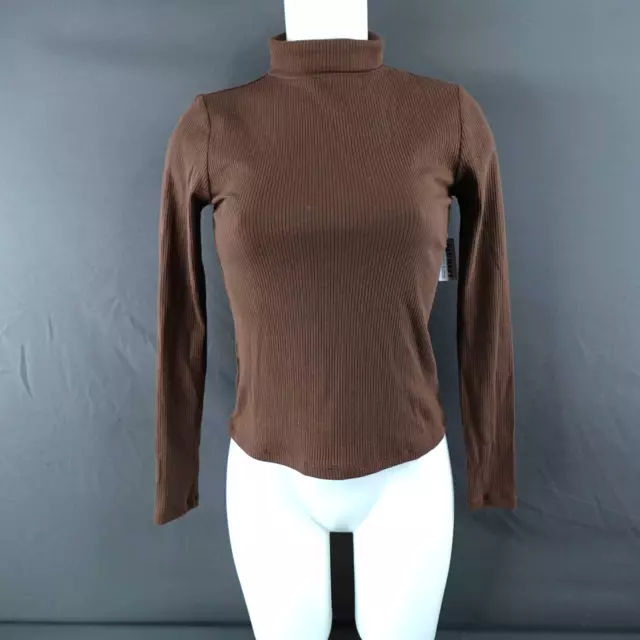 Old Navy Women Top XS Brown Ribbed Turtleneck Basic Minimal Norm Everyday Casual