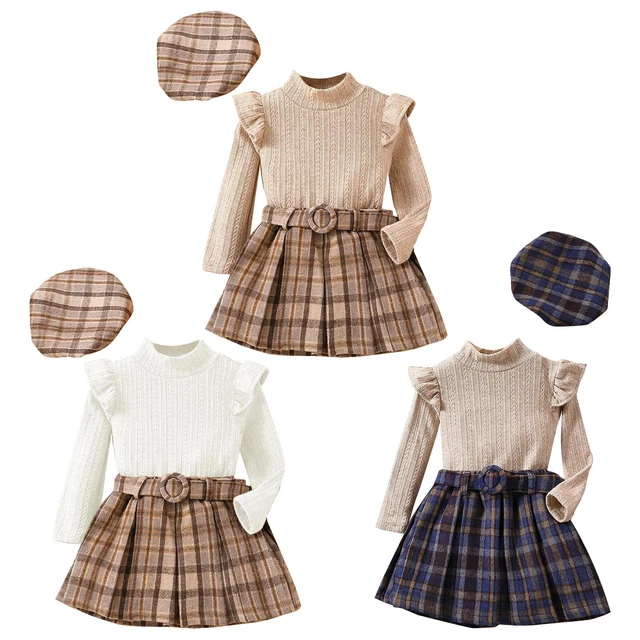 Toddler Girls Spring Outfits Long Sleeve Tops Plaid A-Line Skirt Beret Belt Suit