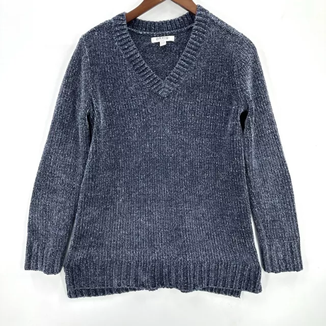 Orvis Sweater Womens Pullover Chenille V-Neck Chunky Knit Marled Blue Size S