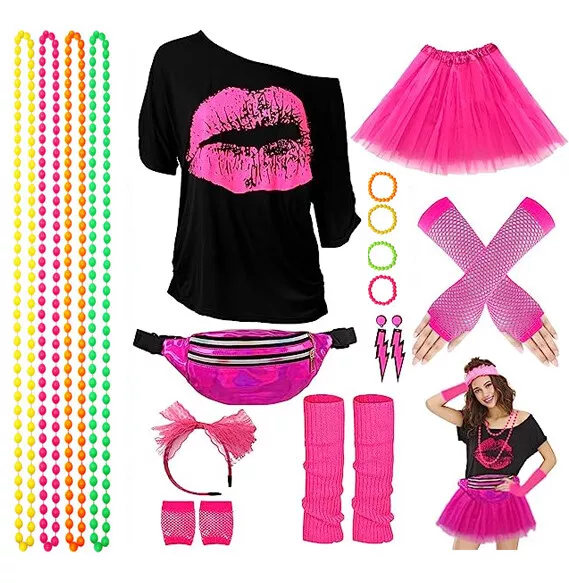 80s Costume Accessories for Women, T-Shirt Tutu Fanny Necklace Earring Legwarmer