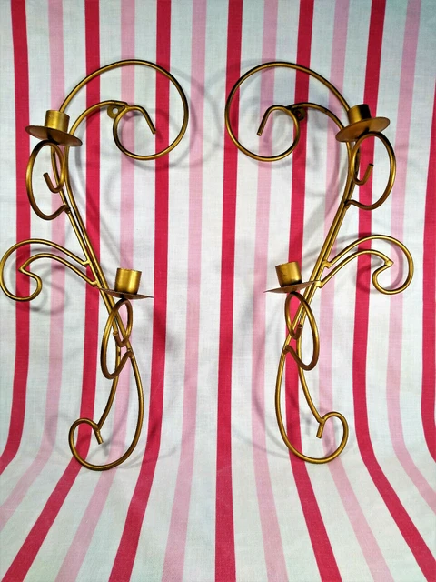 Mid Century 2pc Wall Mount Double Taper Candle Holder Gold Scroll Work Sconces