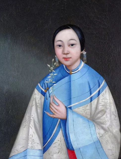 Chinese School Woman Wearing Blue and Cream Robes, Holding a Single Floral Stem.