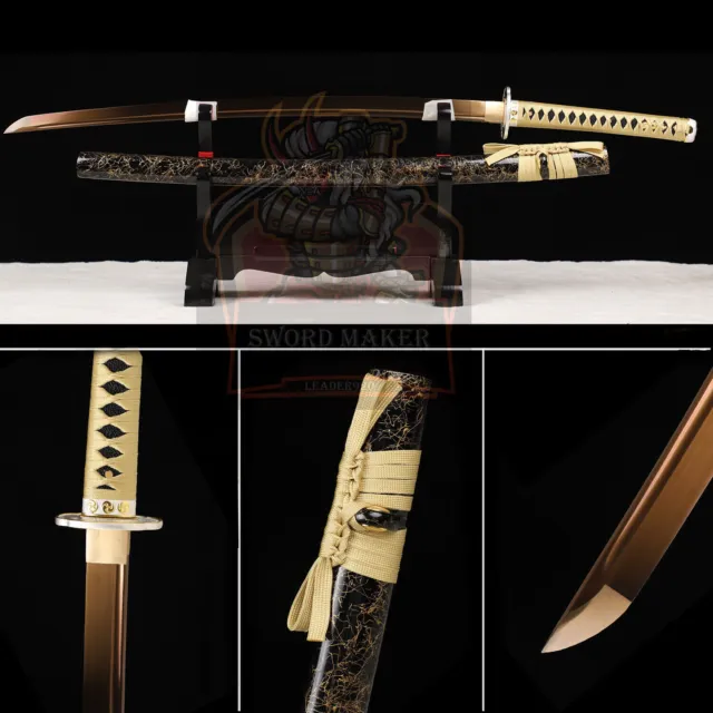 Japanese Samurai Sword Full Tang Katana 1095 High Carbon Steel Gold Blade Sharp
