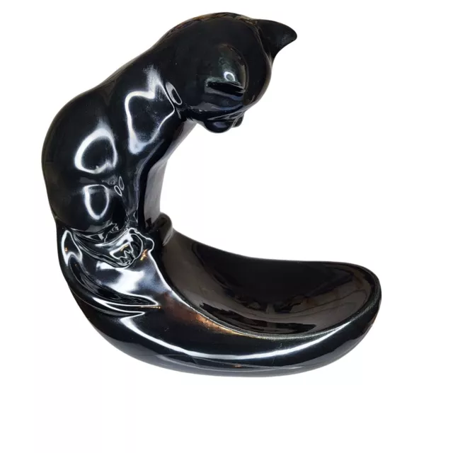 Vintage Pottery Ceramic Black Cat Fish Bowl Holder Art Deco Haeger Style