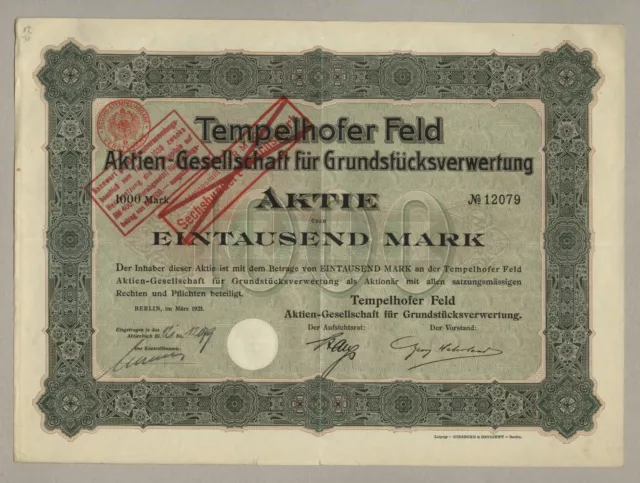 Tempelhofer Feld Grundstücksverwertungs-AG – Aktie, 1.000 Mark – Berlin –  1921