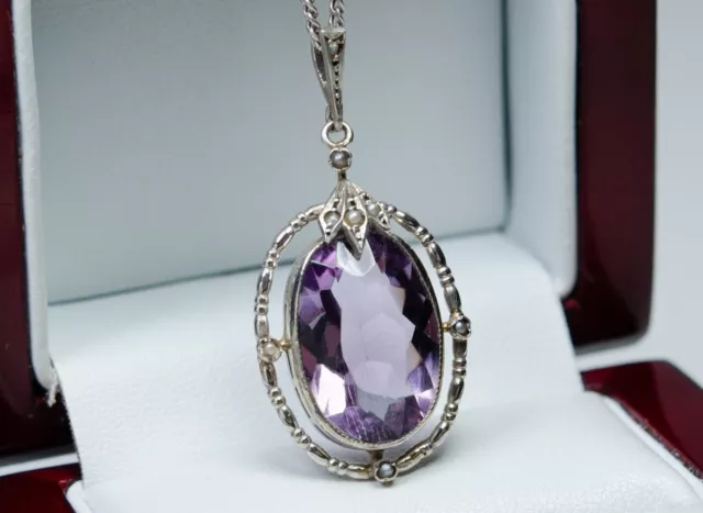 Silber - antiker viktorianischer Anhänger - Amethyst und Saatperlen