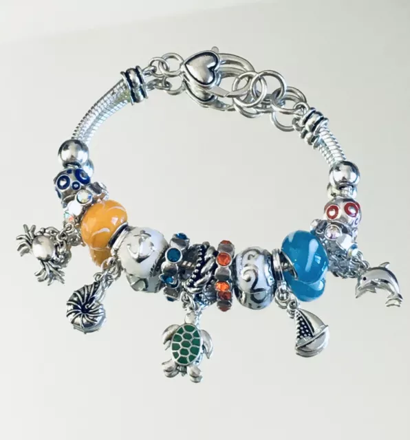 Charm Bracelet Slide Bead Enamel Charms Ocean Travel Vacation Jewelry 8-8.5”
