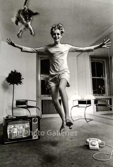 1967 Vintage HELMUT NEWTON Twiggy Airborne Cat Retro Fashion Duotone Photo Art