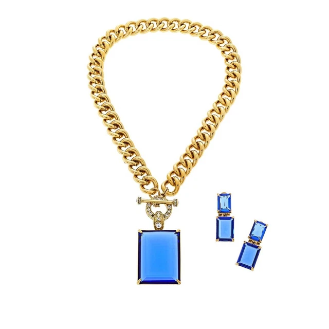 Heidi Daus "Hot Rocks" Blue Crystal Pendant  Necklace & Omega Earrings set, 16"
