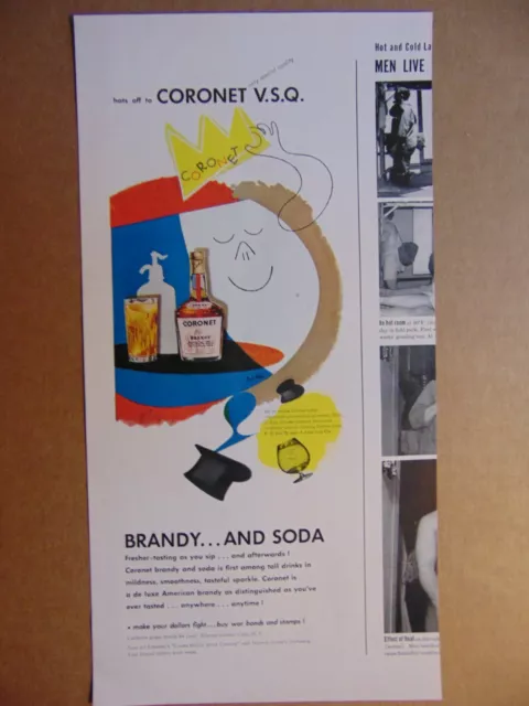 1943 CORONET V.S.Q. Brandy and Soda vintage art print ad