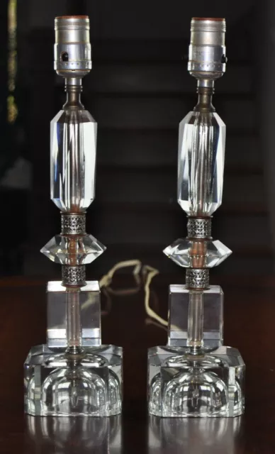 Pair Art Deco Stacked Glass & Nickel Lamps 1930's