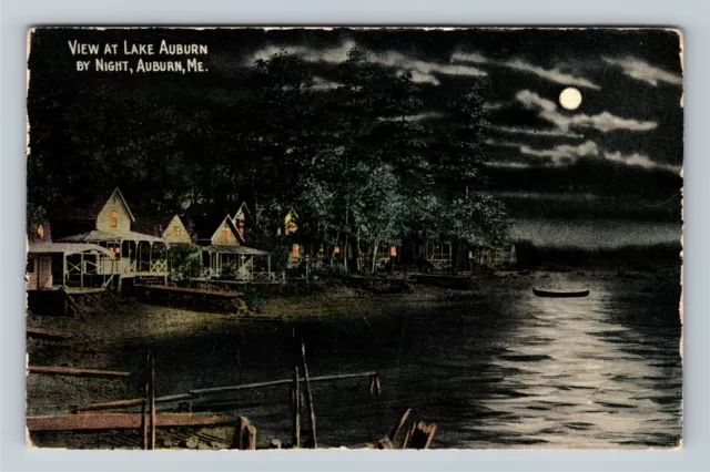 Auburn ME-Maine, View at Lake Auburn by Night Moonlit Cabins Reflection Postcard