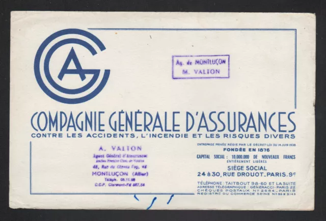 Agence de MONTLUCON (03) PARIS IX° Arrt / Buvard ASSURANCE "C.G.A. / M. VALTON"