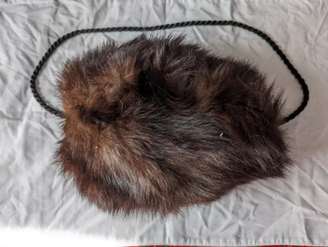 Vintage Real Fur Lovely Lined Dark Brown Hand Muff Hand Warmer With Neck Strap