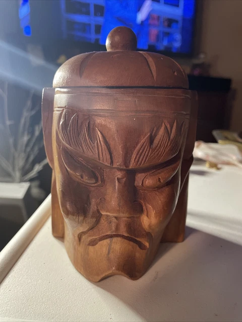 Vintage Hand Carved Wooden Wood Tribal Tiki Warrior Head Face Mug Cup With Lid