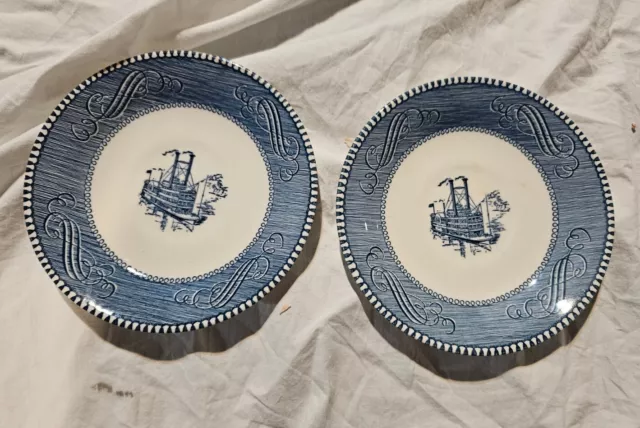 2 Vintage Currier & Ives Royal China Blue/White “Steamboat” 6” Saucer/Plate