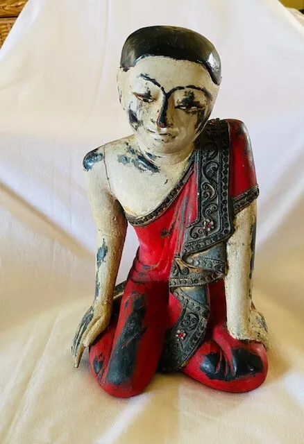 13.5" Buddhist Monk Disciple Thai Burmese Hand Carved Mid 20th Century