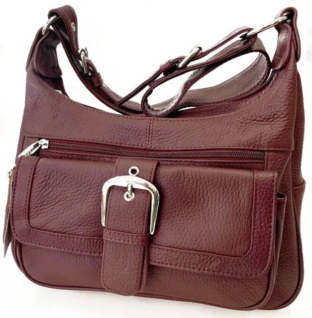 New Burgundy Leather Shoulder Bag Organizer Hobo Cross Body Bag 2 Compartments