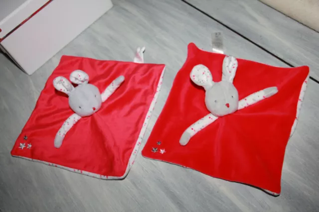 Doudou Obaibi Lapin  Plat Rouge  Gris Blanc Etoile Lot De 2 Neuf
