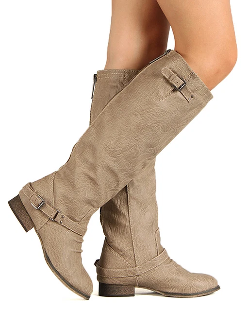 Breckelle Outlaw-11 New Women Leatherette Buckle Riding Knee High Boot