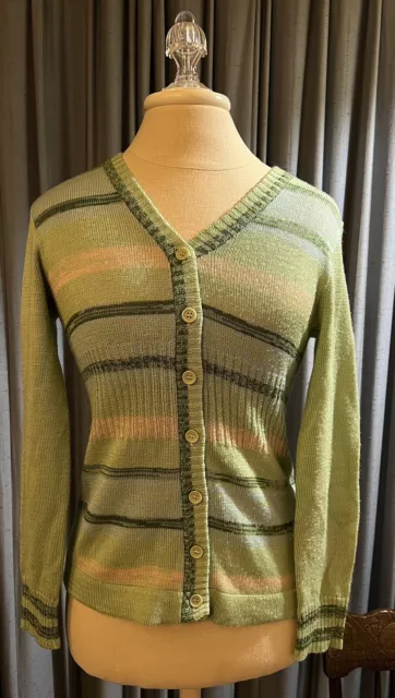 Country Set VTG Women's Cardigan Knit Long Sleeve Sweater Green Pink Size Medium