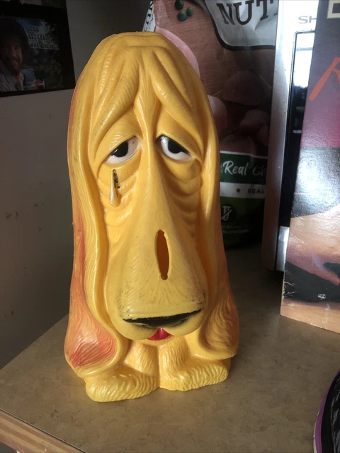 Basset Hound Sad Dog Puppy Crying Piggy Bank 1970's Plastic Vintage Large Yellow