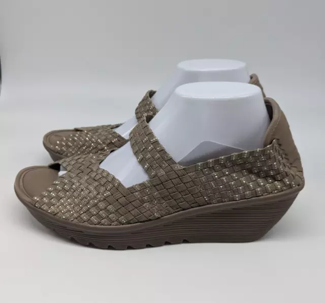 Skechers Womens Sz 11 Parallel Stretch Weave Wedge Peep Toe Shoes Taupe Silver 2