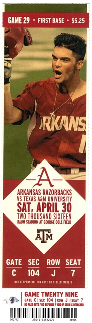 Arkansas Razorbacks SEC Baseball Ticket Stub Texas A&M 4/30/16 Andrew Benintendi