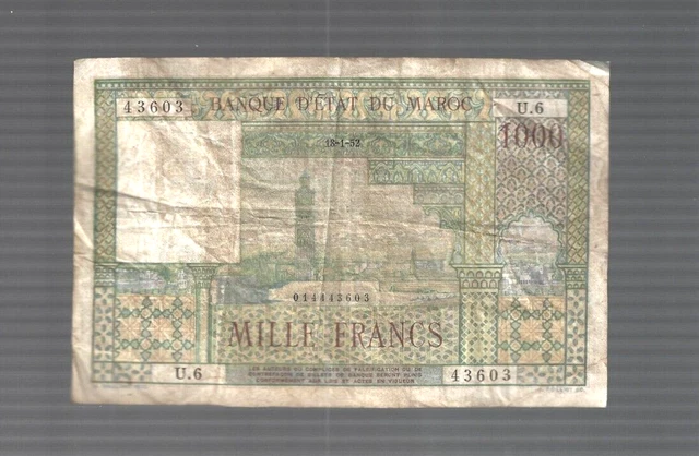 Morocco ✨ 1952 BANQUE D'ETAT DU MAROC ... 1000 francs ✨ lot #1838